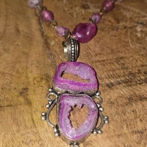 New! Handmade 925 pendant pink druzy geode long beaded necklace